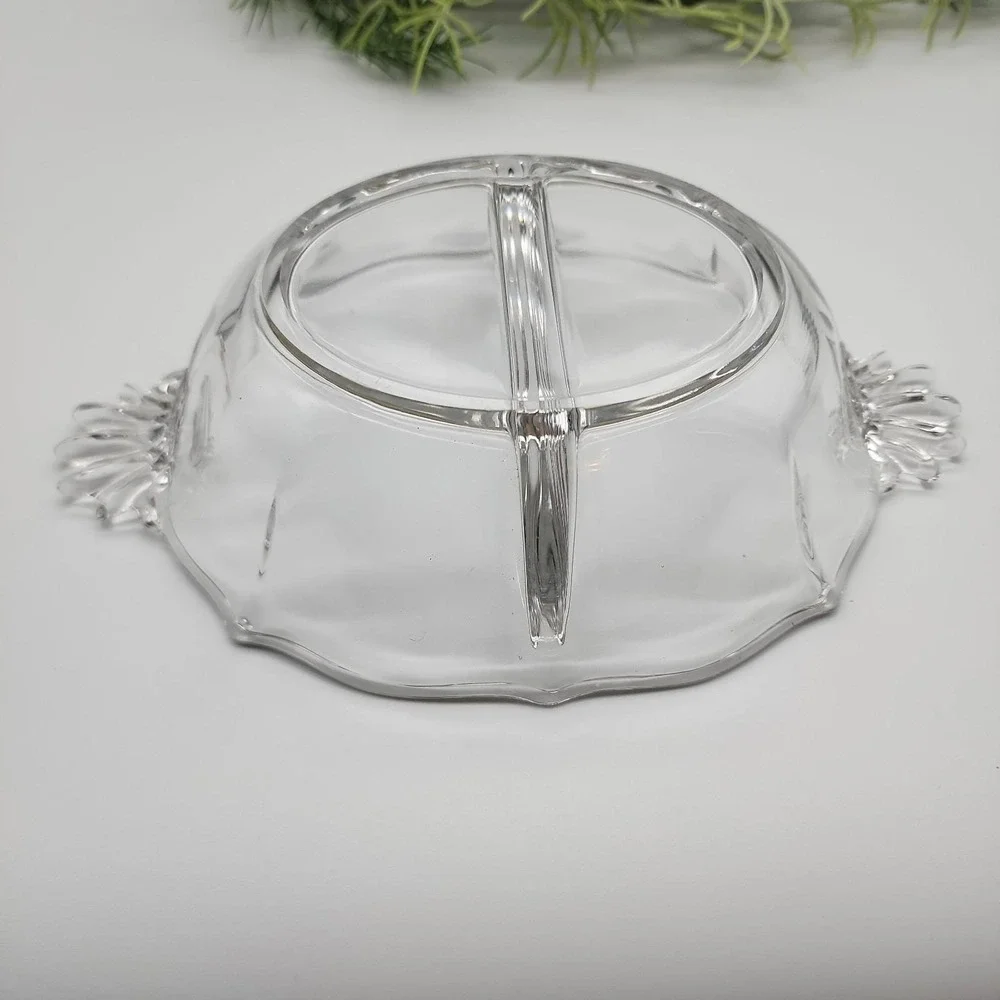 Vintage Clear Glass Divided Relish‎ Dish Fan Handles Mid-Century Serving Bowl